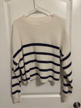 Hollister Cream and Navy Striped Crewneck Sweater